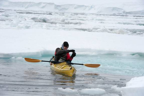 A Ana se aproxima e fotografa a foca crabeater em Kinnes Cove, na Antártida (foto de Vladimir Seliverstov)